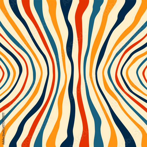 Seamless abstract pattern with wavy vertical stripes in retro colors, evoking rhythm, movement, and vintage design energy. Vector illustration.