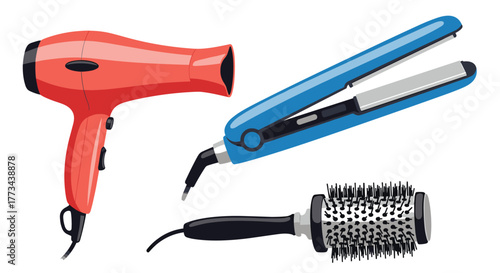 A collection of essential hair styling tools including a red hair dryer, a blue flat iron, and a round brush, isolated on white.