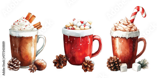 Hot cocoa mug watercolor illustration. Winter Christmas drink, red cup in crochet sugar gingerbread cookie, whipped cream, candy cane, lollipop, cinnamon stick, isolated on white background.