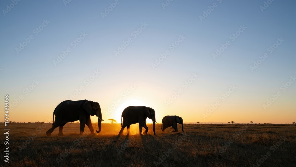 Fototapeta premium Elephants at Sunset in Serene Landscape