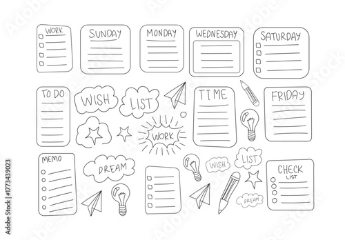 Hand Drawn Doodle Planner Stickers Vector Set: Weekly Days, To Do, Memo, Wish & Dream List Kit for Bullet Journal, Scrapbook, and Agenda