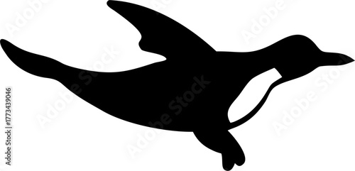Elegant black penguin silhouette swooping through the air for logo designs or branding projects, embodying freedom and grace in a minimalist style