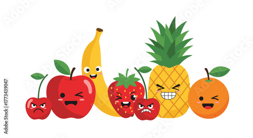 A delightful and colorful cartoon illustration depicting a group of various animated fruits, each with unique and expressive faces.