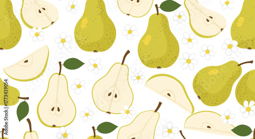 Seamless pattern with fresh green pears, some whole and some sliced, alongside delicate white daisy flowers on a bright background.