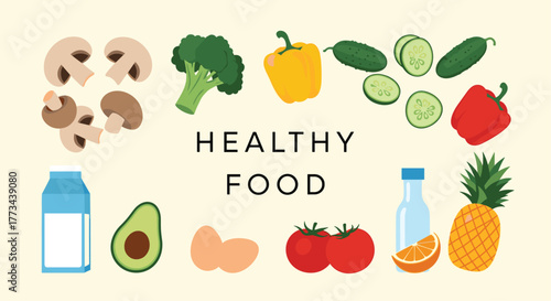 An illustrative display of various healthy food items like fruits, vegetables, dairy, and protein, arranged around 'HEALTHY FOOD' text.