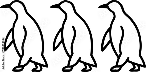 Whimsical penguin parade in simple line art style, perfect for children's books, logo design, and fun, playful branding projects, embodying arctic charm and cuteness