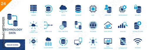 Data technology icon. Containing database, cloud technology, global internet connection, data center, computer. Solid vector icon set.
