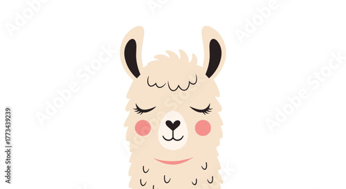 Sweet and gentle cartoon llama illustration with closed eyes, long eyelashes, a cute heart nose, and pink blushing cheeks, isolated on white.