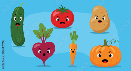 Wallpaper Mural Funny cartoon vegetables with expressive faces, featuring cucumber, tomato, beetroot, carrot, potato, and pumpkin, on a vibrant blue background. Torontodigital.ca