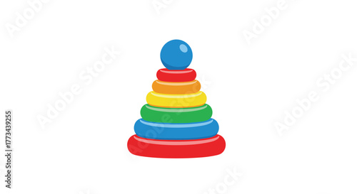 A colorful plastic stacking rings toy with a blue ball on top, commonly used for early childhood development and learning.