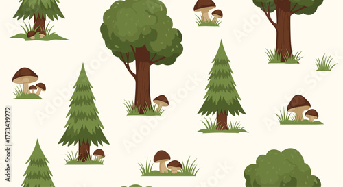 A delightful seamless pattern featuring a variety of green trees, brown mushrooms, and fresh grass on a pale background, depicting a peaceful forest.