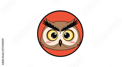 A charming and friendly cartoon owl head illustration featuring big yellow eyes and expressive eyebrows, set within a vibrant red circle.