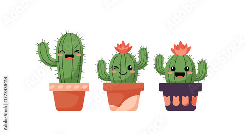 Three adorable and cheerful cartoon potted cacti with happy expressions, some blooming with vibrant flowers, bringing joy and cuteness.