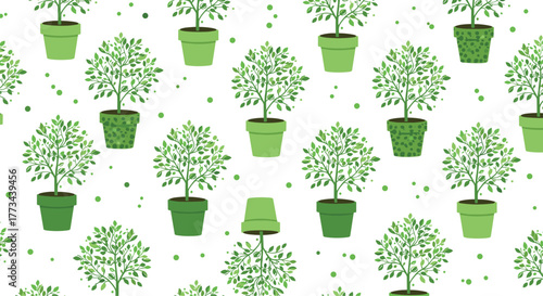 Seamless pattern of various fresh green potted plants, resembling small trees or bushes, on a clean white background with scattered green dots.