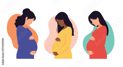 Vector illustration featuring three expectant mothers of varied ethnicities, each embodying the beauty and joy of pregnancy, showcasing diversity in motherhood.