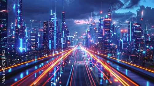 Wallpaper Mural Futuristic cityscape with vibrant neon lights and motion blur creating a dynamic scene Torontodigital.ca