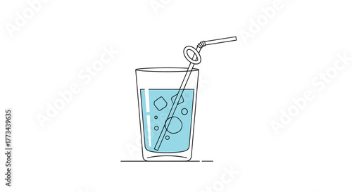 A refreshing glass of water with ice cubes and a drinking straw, depicted in a simple, minimalist line art style on a clean white background.