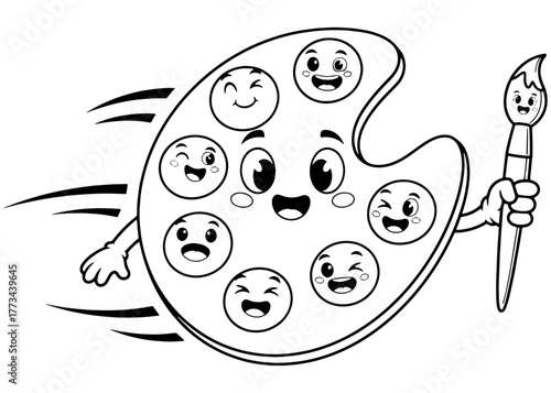 A cute cartoon artist palette mascot with multiple faces, holding a paintbrush and running fast. Black and white vector line art for a coloring book.