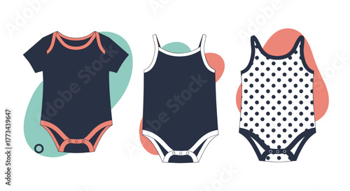 A collection of three illustrated baby bodysuits in various styles and colors, including short-sleeve and sleeveless designs.