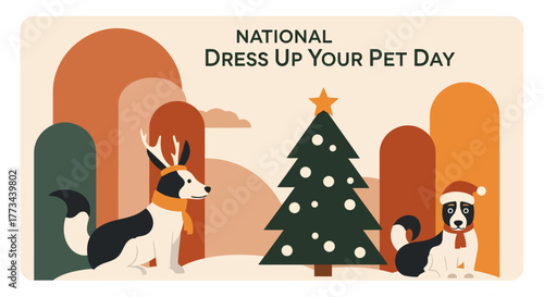 Two cute dogs in festive costumes celebrate National Dress Up Your Pet Day by a Christmas tree.
