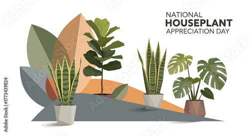 A modern graphic illustration celebrating National Houseplant Appreciation Day with various potted plants like monstera and snake plant.