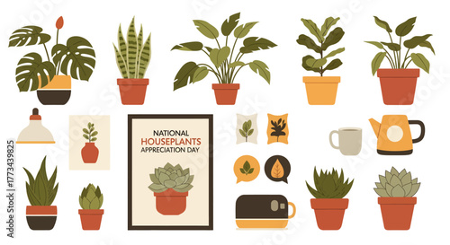 A collection of various houseplants and gardening accessories celebrating National Houseplant Appreciation Day.