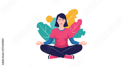 A calm woman meditates in a peaceful lotus position, surrounded by vibrant, stylized leaves, symbolizing mindfulness and well-being.