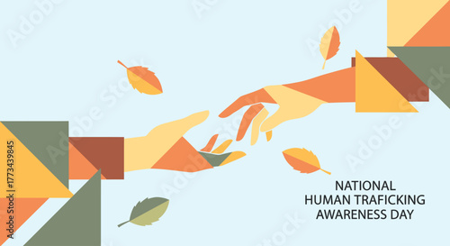 Geometric illustration of two hands reaching for each other for National Human Trafficking Awareness Day, symbolizing help and hope.