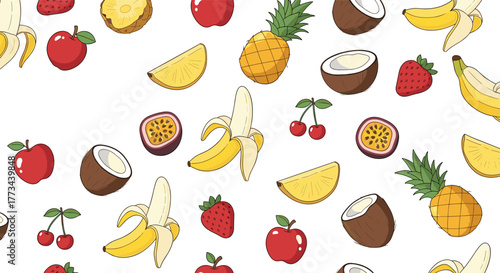 Colorful and fresh assortment of healthy tropical and common fruits forming a vibrant pattern on a clean white background.