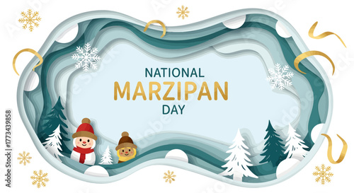 National Marzipan Day banner in a paper-cut style featuring a winter landscape with cute figures, trees, and snowflakes.