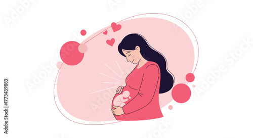 A loving pregnant woman smiles gently while cradling her baby bump, with abstract pink shapes and hearts symbolizing new life and maternal affection.