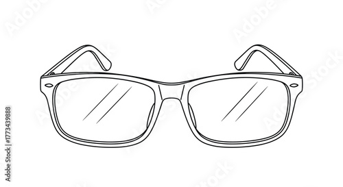 A simple black and white line art illustration of a classic pair of eyeglasses with bold frames and subtle lens reflections, on a clean white background.
