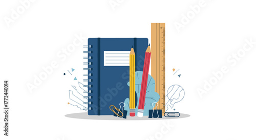 An illustration of various school and office stationery items including a notebook, pencils, ruler, and clips on a white background.