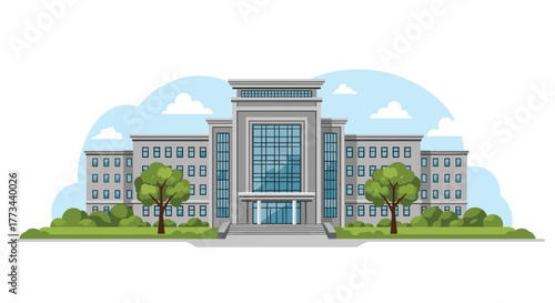 Modern university or government building illustration with a prominent central entrance, large windows, and lush green landscaping under a clear sky.