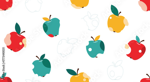 Colorful hand-drawn seamless pattern of imperfect and bitten apples on a white background, representing healthy eating or food waste concepts.