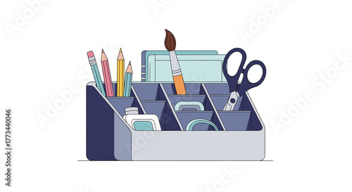 A neatly organized desktop caddy filled with essential stationery and art supplies including pencils, scissors, and a paintbrush, on a white background.