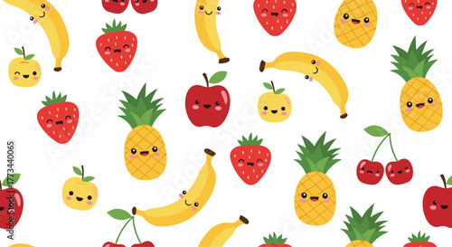 Seamless pattern of cute, smiling cartoon fruits: bananas, strawberries, pineapples, apples, and cherries on a white background.