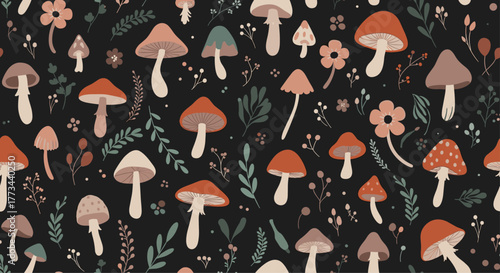 Seamless whimsical pattern featuring various types of hand-drawn mushrooms and botanical elements on a dark, enchanting forest background.