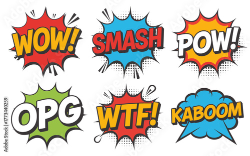 Comic speech bubbles with onomatopoeia colorful vector illustration in retro pop art style isolated on white background