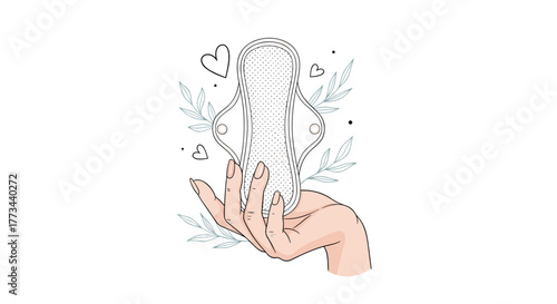 A hand gently holds a reusable cloth menstrual pad, surrounded by delicate hearts and botanical elements, emphasizing eco-friendly feminine hygiene.