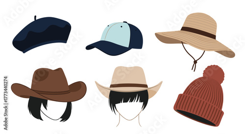 A diverse assortment of hats and headwear, including a beret, baseball cap, wide-brimmed sun hat, cowboy hats, and a pom-pom beanie.