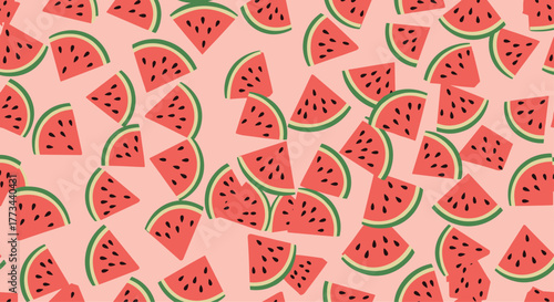 A vibrant and playful seamless pattern featuring various hand-drawn watermelon slices with black seeds scattered across a light pink background.