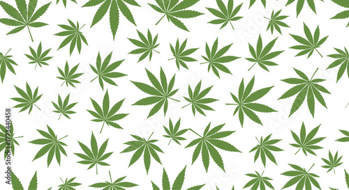 A seamless pattern features various green cannabis leaves scattered across a clean white background, creating a vibrant and distinct botanical design.