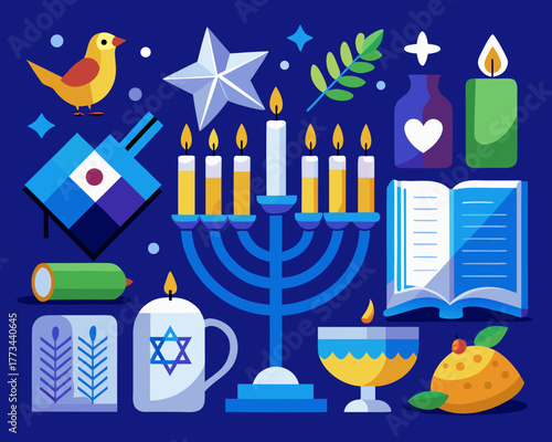 Festive Hanukkah Illustration with Menorah Dreidel Star of David and Other Symbolic Elements colorful