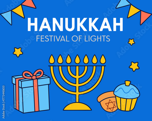 Colorful Hanukkah Celebration Illustration Featuring Menorah Gift Dreidel Cupcake Bunting Stars and the Text Festival of Lights