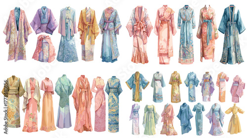 Elegant watercolor collection of traditional silk kimonos and yukatas in pastel tones. Perfect for Japanese culture themes, textile design, and fashion illustration projects.