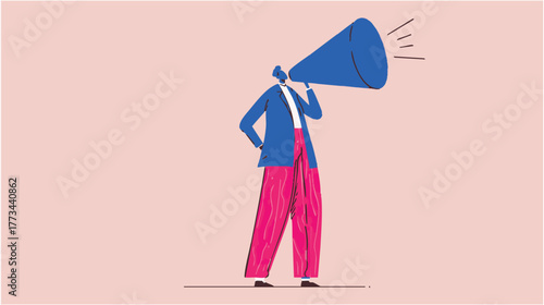 Modern abstract illustration of confident business character speaking through megaphone for communication and success