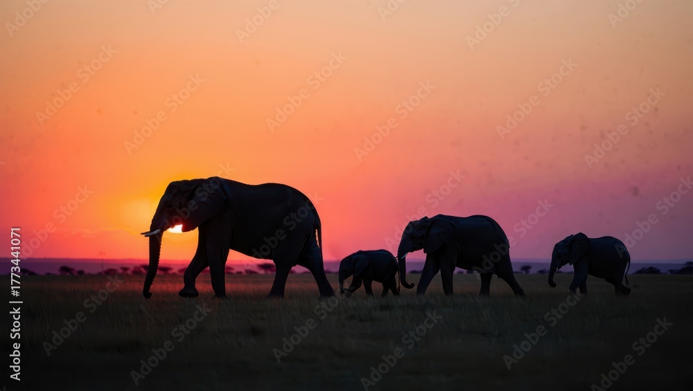 Fototapeta premium Majestic Elephants at Sunset in Natural Landscape