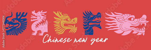 Colorful Chinese dragon illustrations celebrating lunar new year on red background symbol of good fortune
