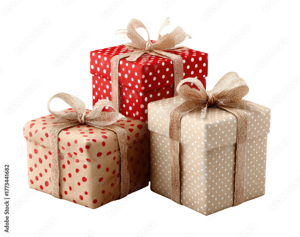 Fototapeta premium Three wrapped presents with decorative bows